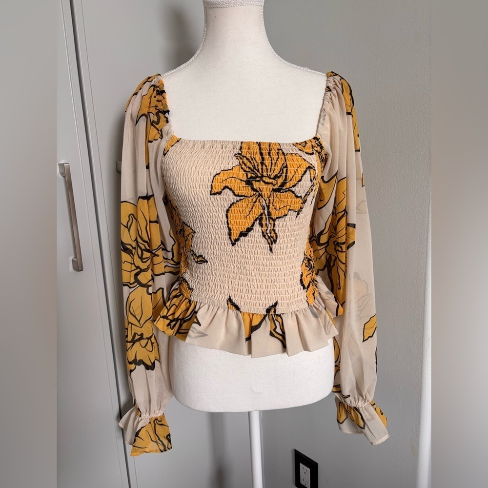 Hutch Cream and Yellow Puff Sleeve Smocked Blouse